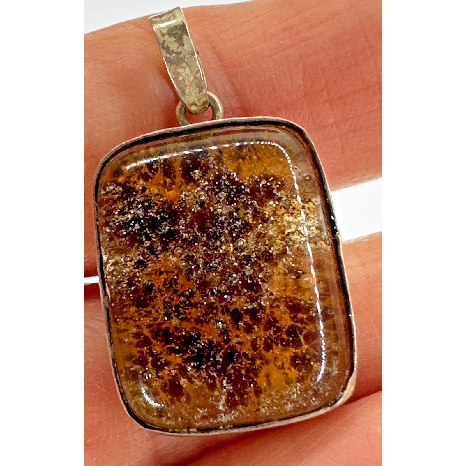 Sterling Silver Amber Stone Pendant Sparkle Rectangle Honey Browns Charm